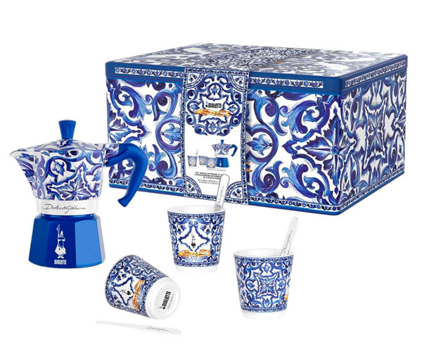 Набор Гейзерная кофеварка Bialetti х Dolce & Gabbana Blu Mediterraneo Moka Express на 3 чашки 130 мл + набор чашек с мешалками