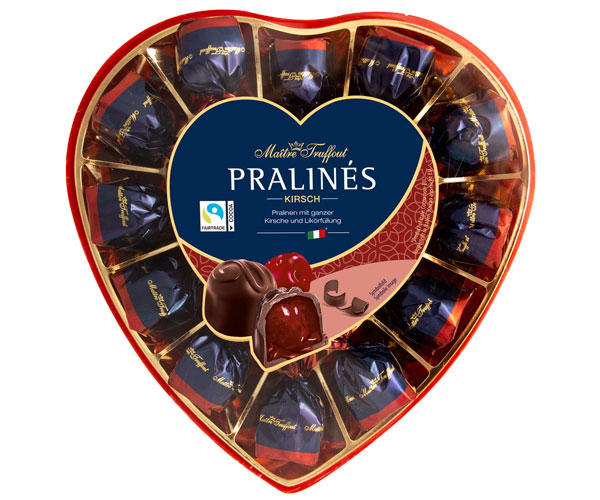 Шоколадные конфеты Maitre Truffout Pralines Сердце Вишня в ликере 4% 140 г - фото-1